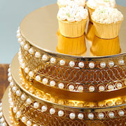 3 Pearl Beaded Metal Cake Stands with Mirror Top - Gold CHDLR_CAKE23_SET_GOLD