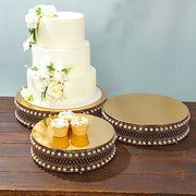 3 Pearl Beaded Metal Cake Stands with Mirror Top - Gold CHDLR_CAKE23_SET_GOLD