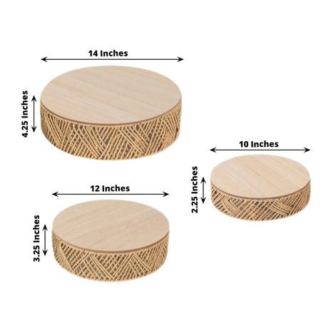 3 Pedestal Cake Stands Jute Rattan with Wooden Top Plates - Natural CAKE_WOD024_SET3_NAT