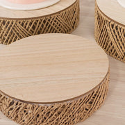 3 Pedestal Cake Stands Jute Rattan with Wooden Top Plates - Natural CAKE_WOD024_SET3_NAT