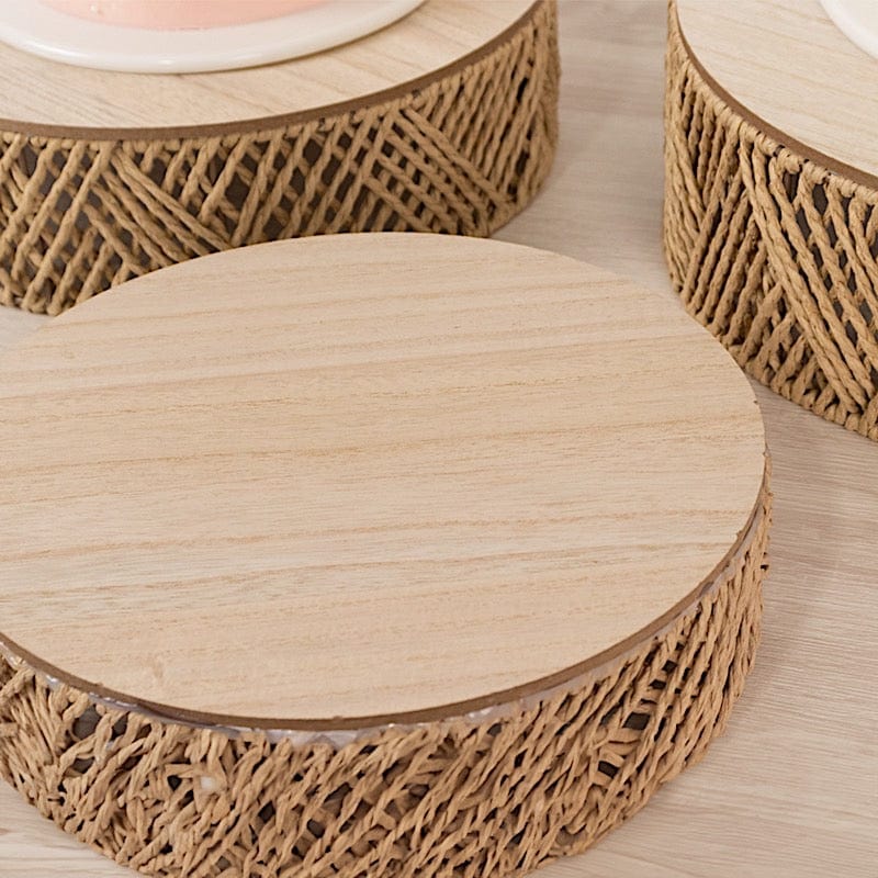 3 Pedestal Cake Stands Jute Rattan with Wooden Top Plates - Natural CAKE_WOD024_SET3_NAT