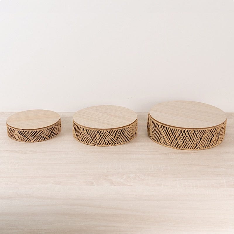 3 Pedestal Cake Stands Jute Rattan with Wooden Top Plates - Natural CAKE_WOD024_SET3_NAT