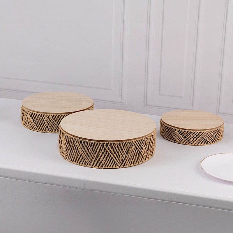 3 Pedestal Cake Stands Jute Rattan with Wooden Top Plates - Natural CAKE_WOD024_SET3_NAT