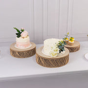 3 Pedestal Cake Stands Jute Rattan with Wooden Top Plates - Natural CAKE_WOD024_SET3_NAT