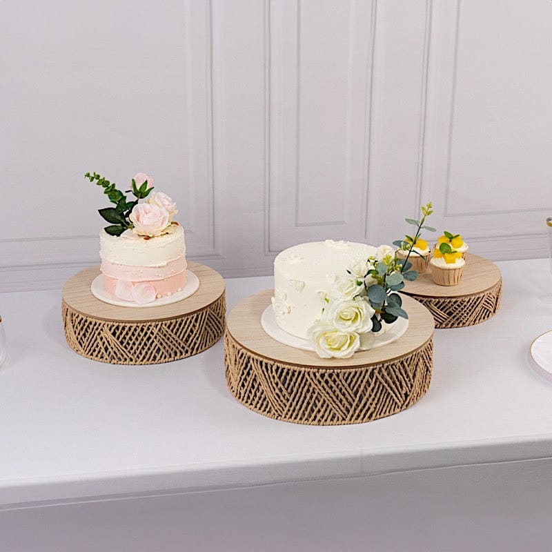 3 Pedestal Cake Stands Jute Rattan with Wooden Top Plates - Natural CAKE_WOD024_SET3_NAT