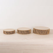 3 Pedestal Cake Stands Jute Rattan with Wooden Top Plates - Natural CAKE_WOD024_SET3_NAT