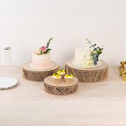 3 Pedestal Cake Stands Jute Rattan with Wooden Top Plates - Natural CAKE_WOD024_SET3_NAT