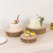3 Pedestal Cake Stands Jute Rattan with Wooden Top Plates - Natural CAKE_WOD024_SET3_NAT