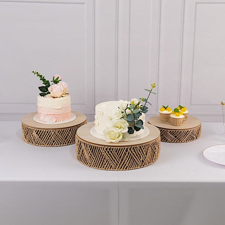 3 Pedestal Cake Stands Jute Rattan with Wooden Top Plates - Natural CAKE_WOD024_SET3_NAT
