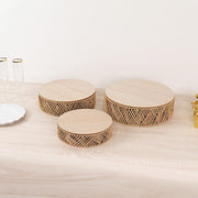 3 Pedestal Cake Stands Jute Rattan with Wooden Top Plates - Natural CAKE_WOD024_SET3_NAT