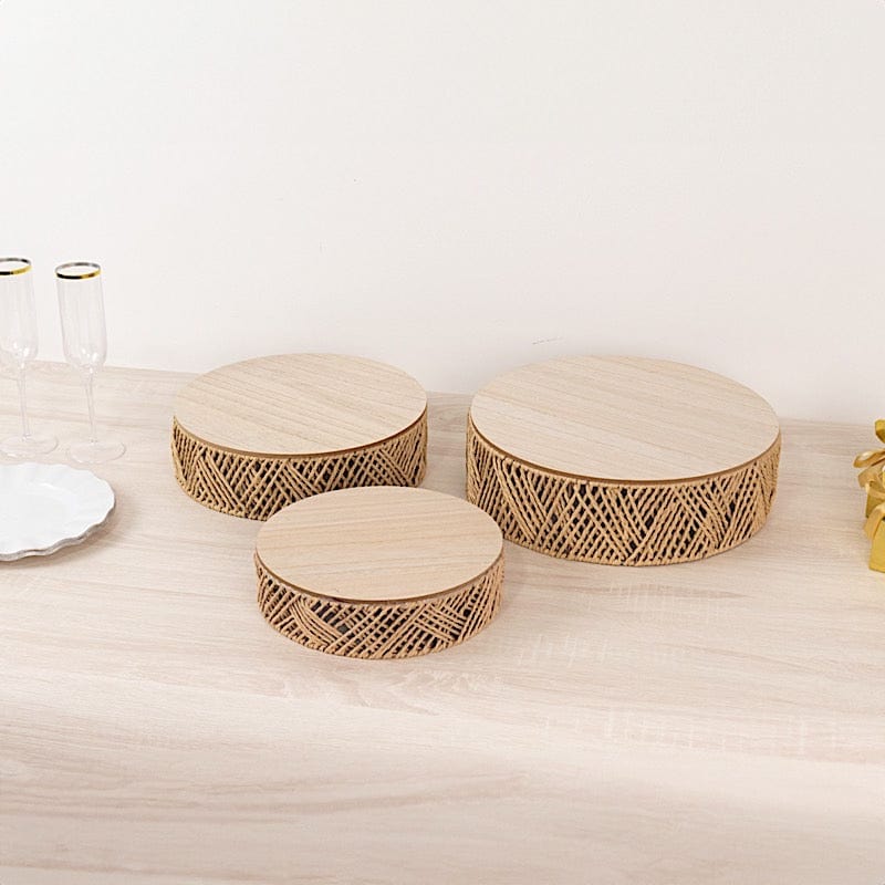 3 Pedestal Cake Stands Jute Rattan with Wooden Top Plates - Natural CAKE_WOD024_SET3_NAT