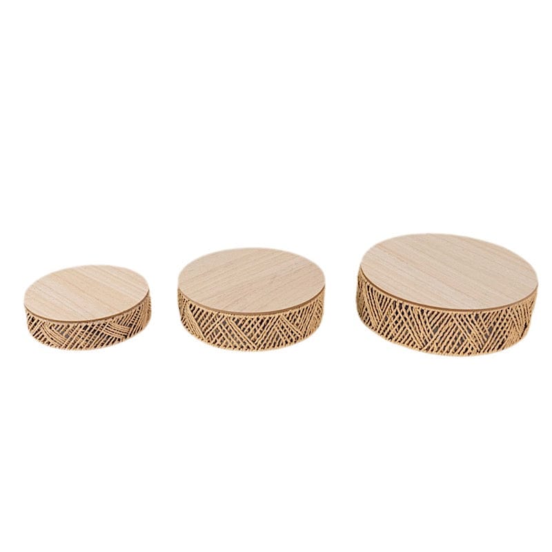 3 Pedestal Cake Stands Jute Rattan with Wooden Top Plates - Natural CAKE_WOD024_SET3_NAT