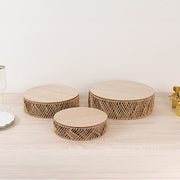3 Pedestal Cake Stands Jute Rattan with Wooden Top Plates - Natural CAKE_WOD024_SET3_NAT