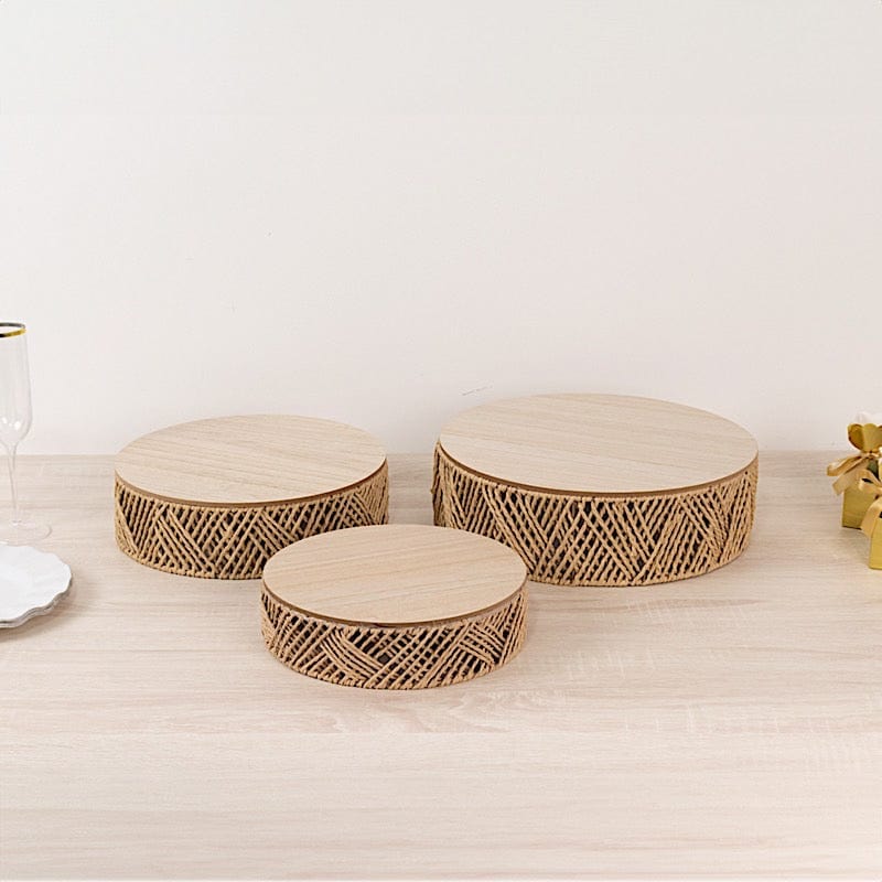 3 Pedestal Cake Stands Jute Rattan with Wooden Top Plates - Natural CAKE_WOD024_SET3_NAT