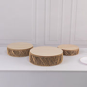3 Pedestal Cake Stands Jute Rattan with Wooden Top Plates - Natural CAKE_WOD024_SET3_NAT