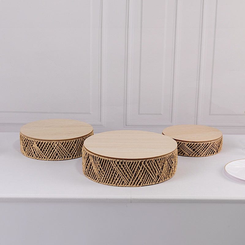 3 Pedestal Cake Stands Jute Rattan with Wooden Top Plates - Natural CAKE_WOD024_SET3_NAT