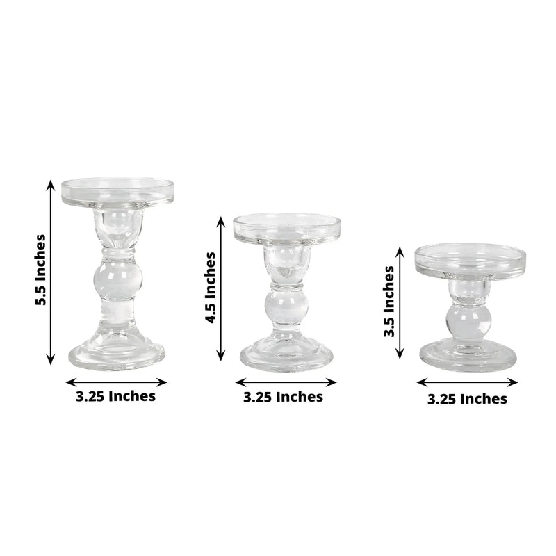 3 Premium Glass Pillar Candle Holders with Round Tray