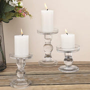 3 Premium Glass Pillar Candle Holders with Round Tray