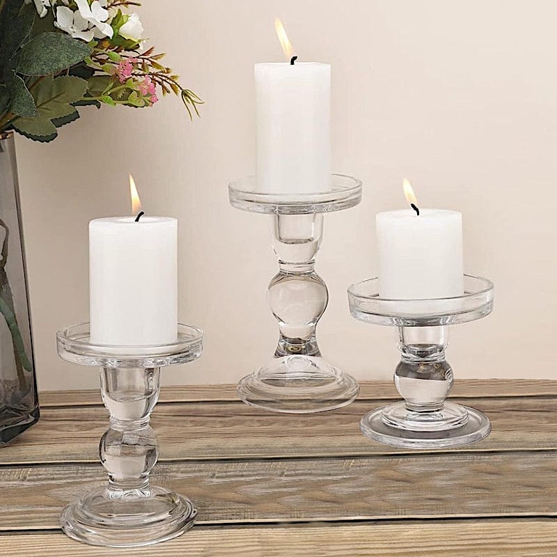3 Premium Glass Pillar Candle Holders with Round Tray