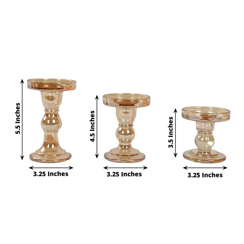 3 Premium Glass Pillar Candle Holders with Round Tray