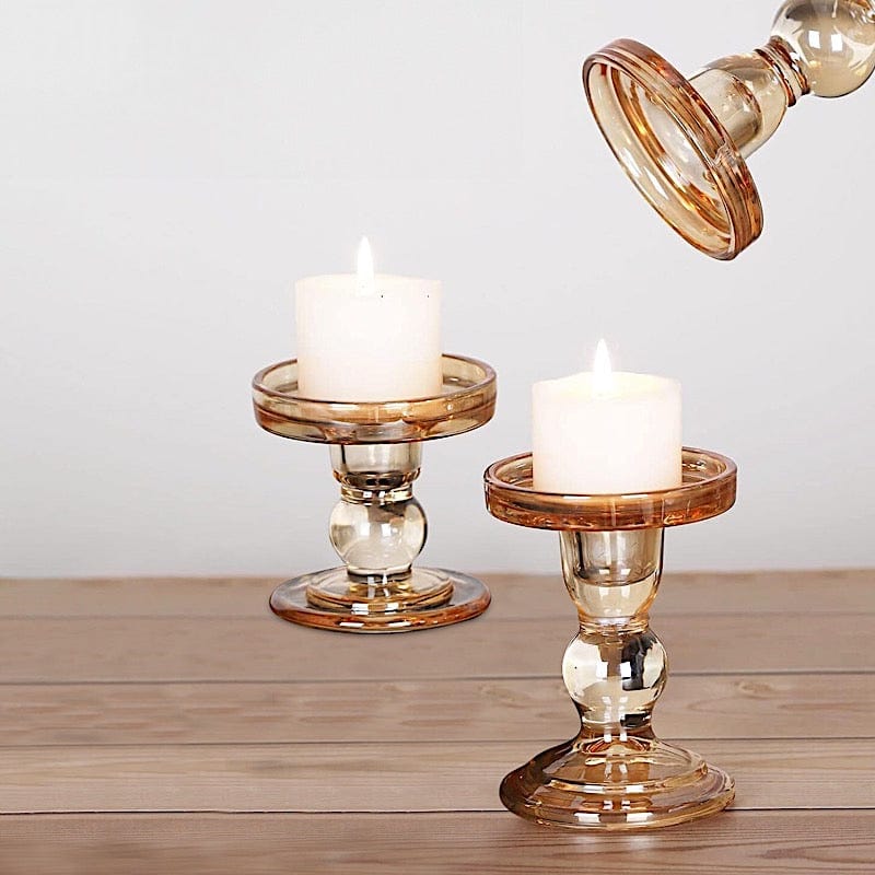 3 Premium Glass Pillar Candle Holders with Round Tray