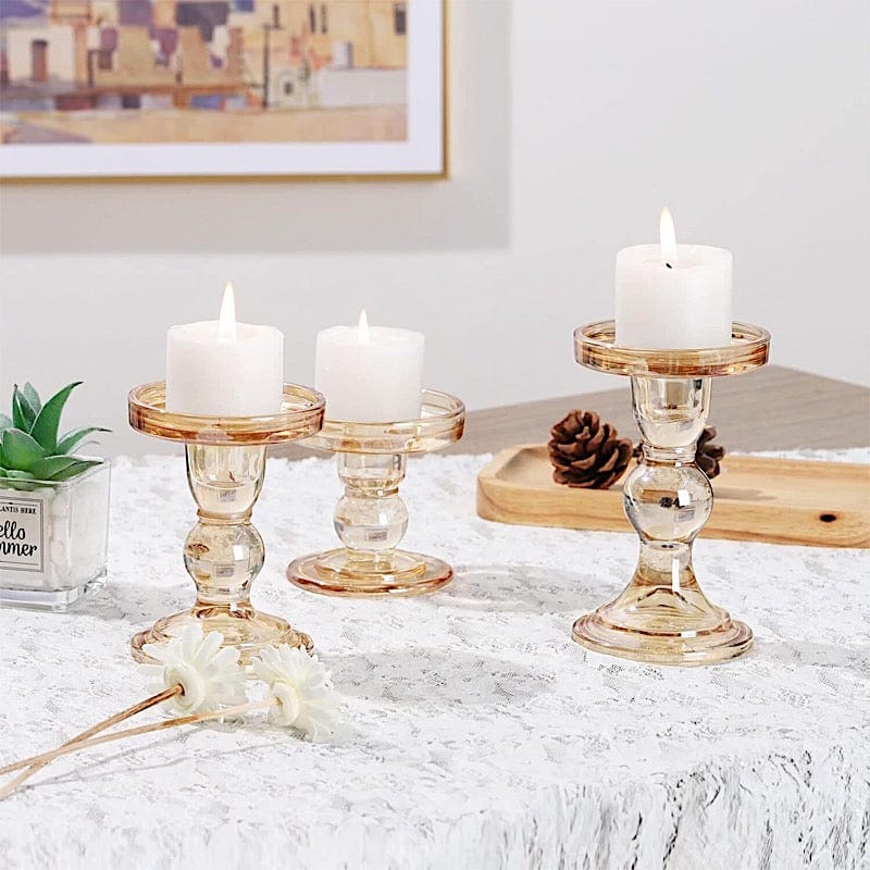 3 Premium Glass Pillar Candle Holders with Round Tray