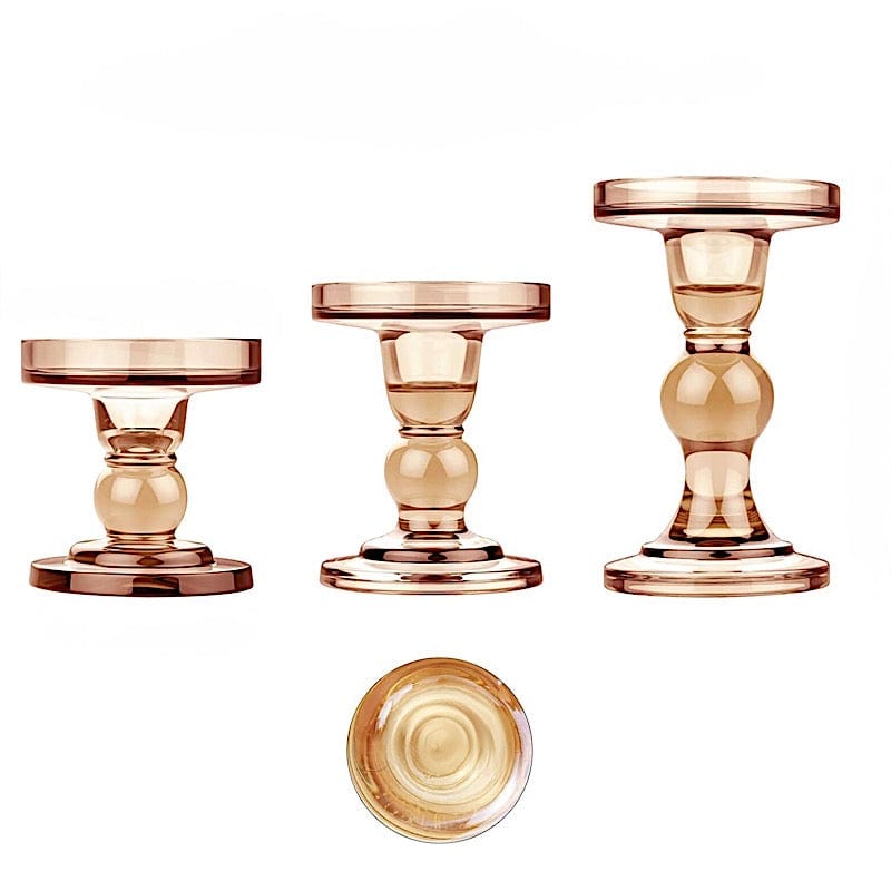 3 Premium Glass Pillar Candle Holders with Round Tray CAND_HOLD_017_SET_AMB