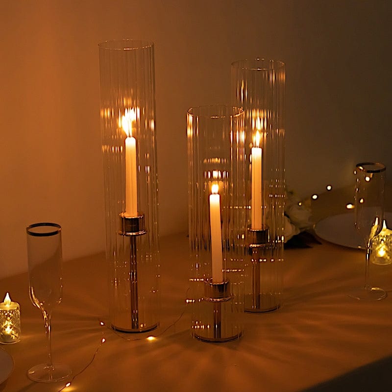 3 Ribbed Candelabra Candle Holder Glass Shades - Clear CHDLR_CAND_030_RIB_GLASS_SET