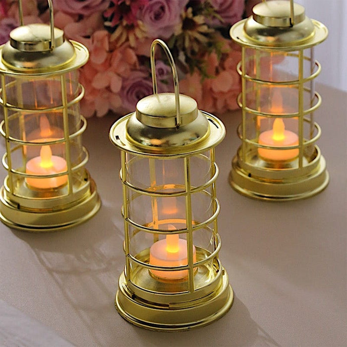 3 Mini 7 Plastic Lantern Lamps with LED Tealight Candles - Gold