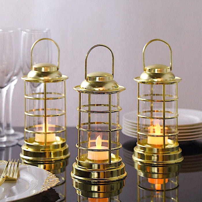 3 Gold 7 in Plastic Mini Lantern Lamps with LED Tealight Candles