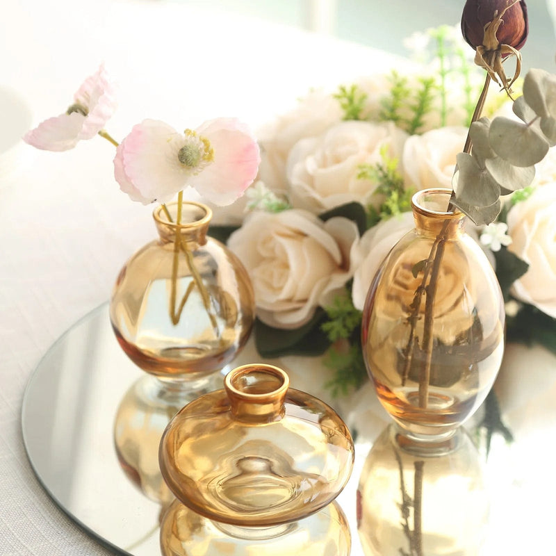 3 Small Glass Flower Vases Centerpieces with Metallic Gold Rim - Clear