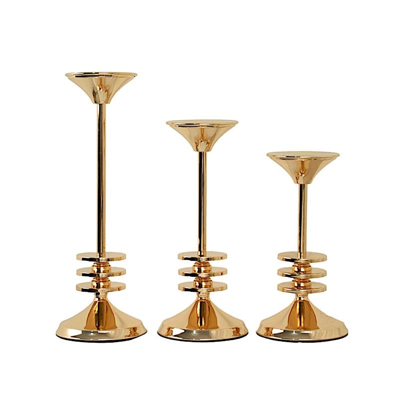3 Taper Candle Holders Disk Pedestal Design Candlestick Stands - Gold IRON_CAND_TP014_SET_GOLD