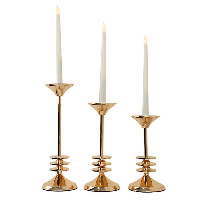 3 Taper Candle Holders Disk Pedestal Design Candlestick Stands - Gold IRON_CAND_TP014_SET_GOLD