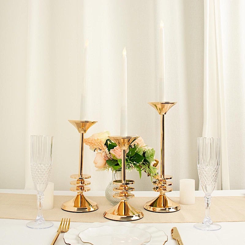 3 Taper Candle Holders Disk Pedestal Design Candlestick Stands - Gold IRON_CAND_TP014_SET_GOLD