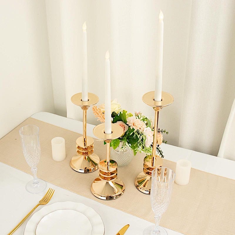3 Taper Candle Holders Disk Pedestal Design Candlestick Stands - Gold IRON_CAND_TP014_SET_GOLD