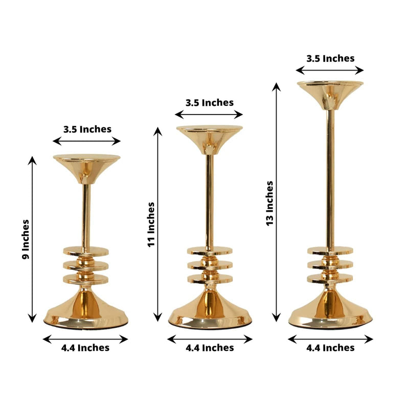 3 Taper Candle Holders Disk Pedestal Design Candlestick Stands - Gold IRON_CAND_TP014_SET_GOLD