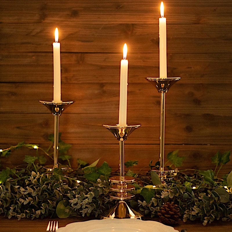 3 Taper Candle Holders Disk Pedestal Design Candlestick Stands - Gold IRON_CAND_TP014_SET_GOLD