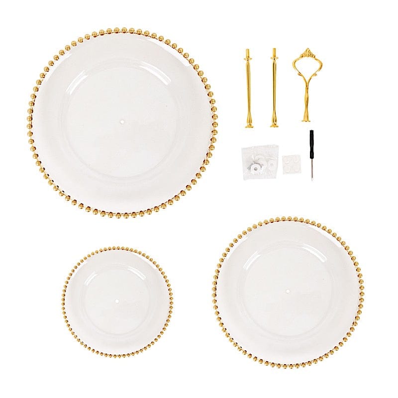 3-Tier 14" Round Plastic Cupcake Tower Stand with Gold Beaded Rim - Clear CAKE_PLST_R4239_CLGD