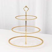 3-Tier 14" Round Plastic Cupcake Tower Stand with Gold Beaded Rim - Clear CAKE_PLST_R4239_CLGD