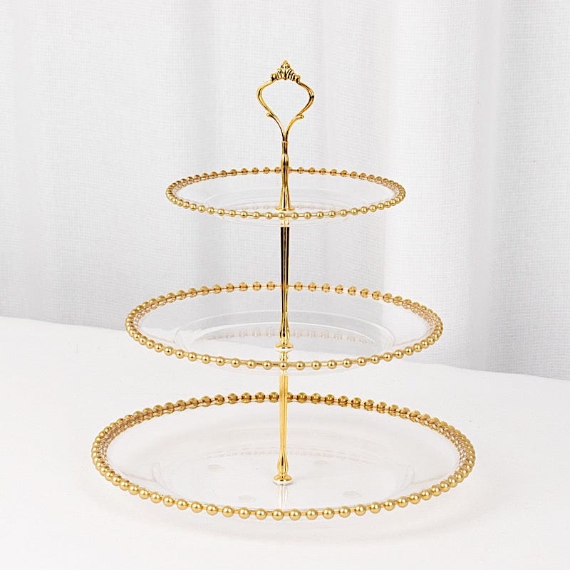 3-Tier 14" Round Plastic Cupcake Tower Stand with Gold Beaded Rim - Clear CAKE_PLST_R4239_CLGD