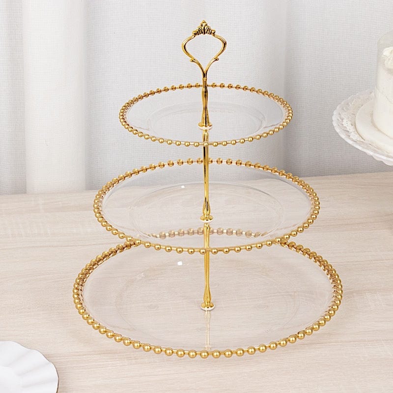 3-Tier 14" Round Plastic Cupcake Tower Stand with Gold Beaded Rim - Clear CAKE_PLST_R4239_CLGD