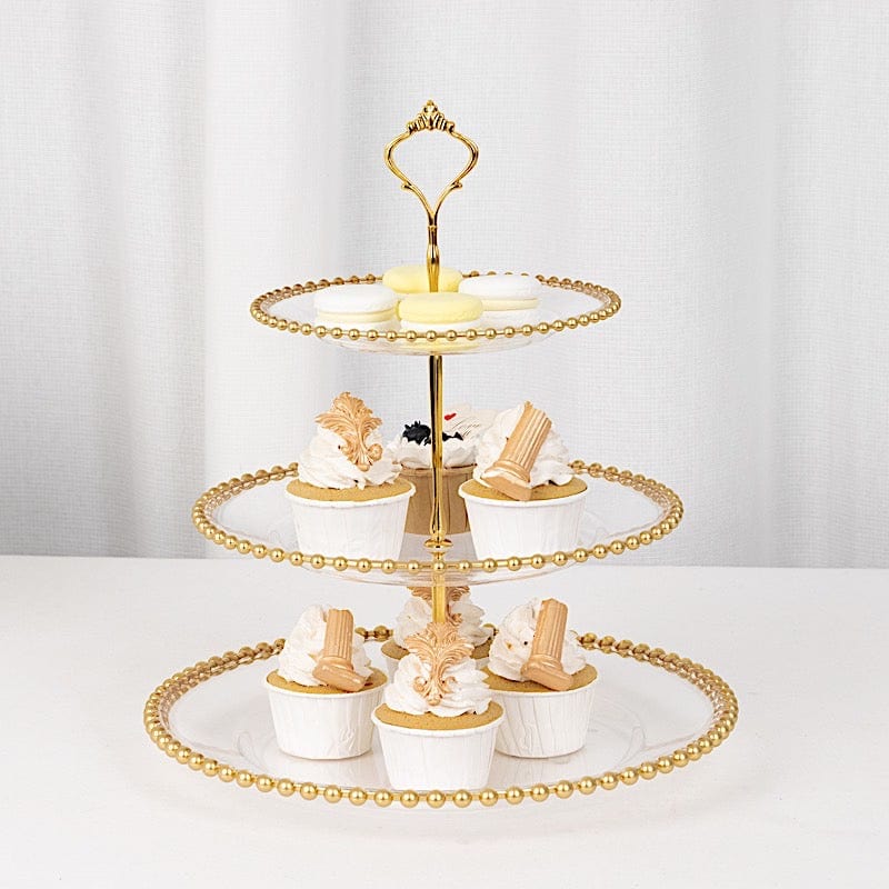 3-Tier 14" Round Plastic Cupcake Tower Stand with Gold Beaded Rim - Clear CAKE_PLST_R4239_CLGD