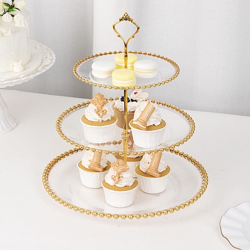 3-Tier 14" Round Plastic Cupcake Tower Stand with Gold Beaded Rim - Clear CAKE_PLST_R4239_CLGD