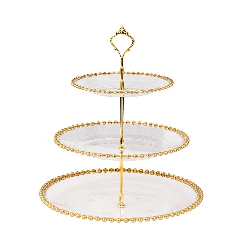 3-Tier 14" Round Plastic Cupcake Tower Stand with Gold Beaded Rim - Clear CAKE_PLST_R4239_CLGD