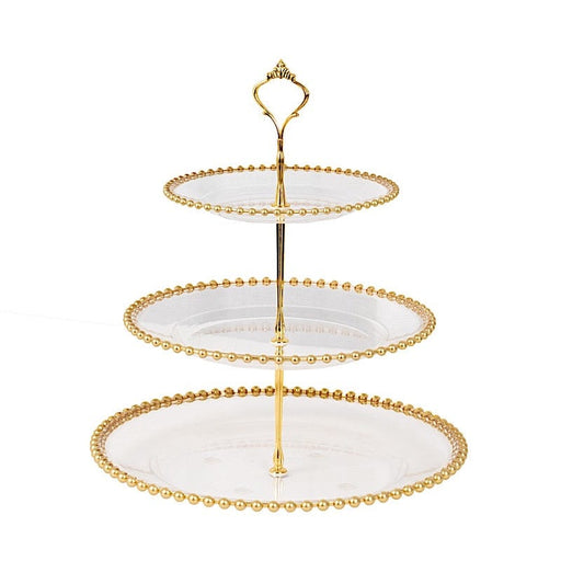 3-Tier 14" Round Plastic Cupcake Tower Stand with Gold Beaded Rim - Clear CAKE_PLST_R4239_CLGD