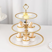 3-Tier 14" Round Plastic Cupcake Tower Stand with Gold Beaded Rim - Clear CAKE_PLST_R4239_CLGD