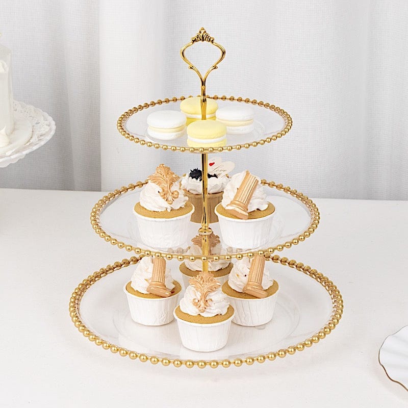 3-Tier 14" Round Plastic Cupcake Tower Stand with Gold Beaded Rim - Clear CAKE_PLST_R4239_CLGD