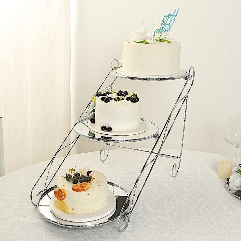 3-Tier 16"x19" Cascading Design with Round Mirror Trays Metal Cake Stand - Silver CHDLR_CAKE25_SILV