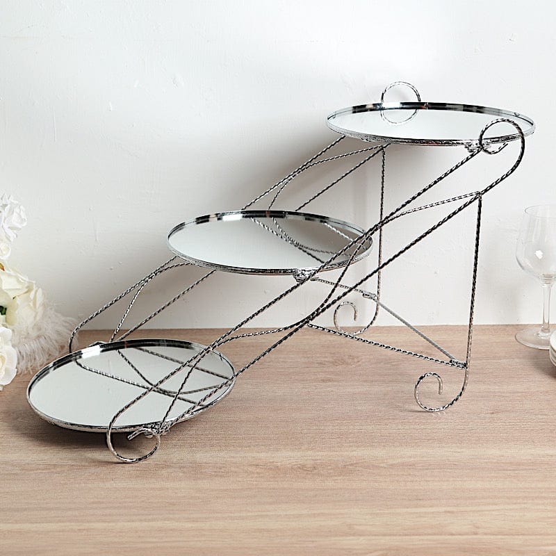 3-Tier 16"x19" Cascading Design with Round Mirror Trays Metal Cake Stand - Silver CHDLR_CAKE25_SILV