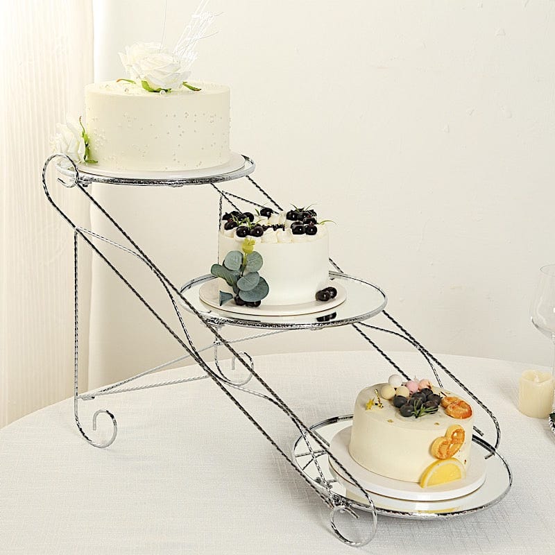 3-Tier 16"x19" Cascading Design with Round Mirror Trays Metal Cake Stand - Silver CHDLR_CAKE25_SILV